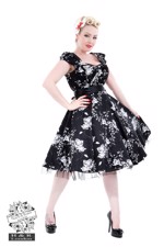 50´er kjole: Izzy black - sød sort kjole med hvide blomster 